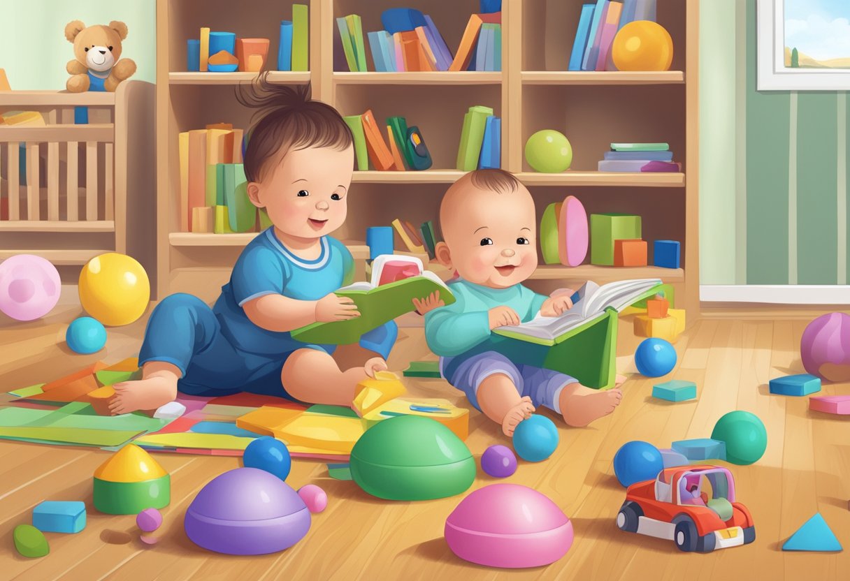 A baby playing with toys while a babysitter reads a book in the background