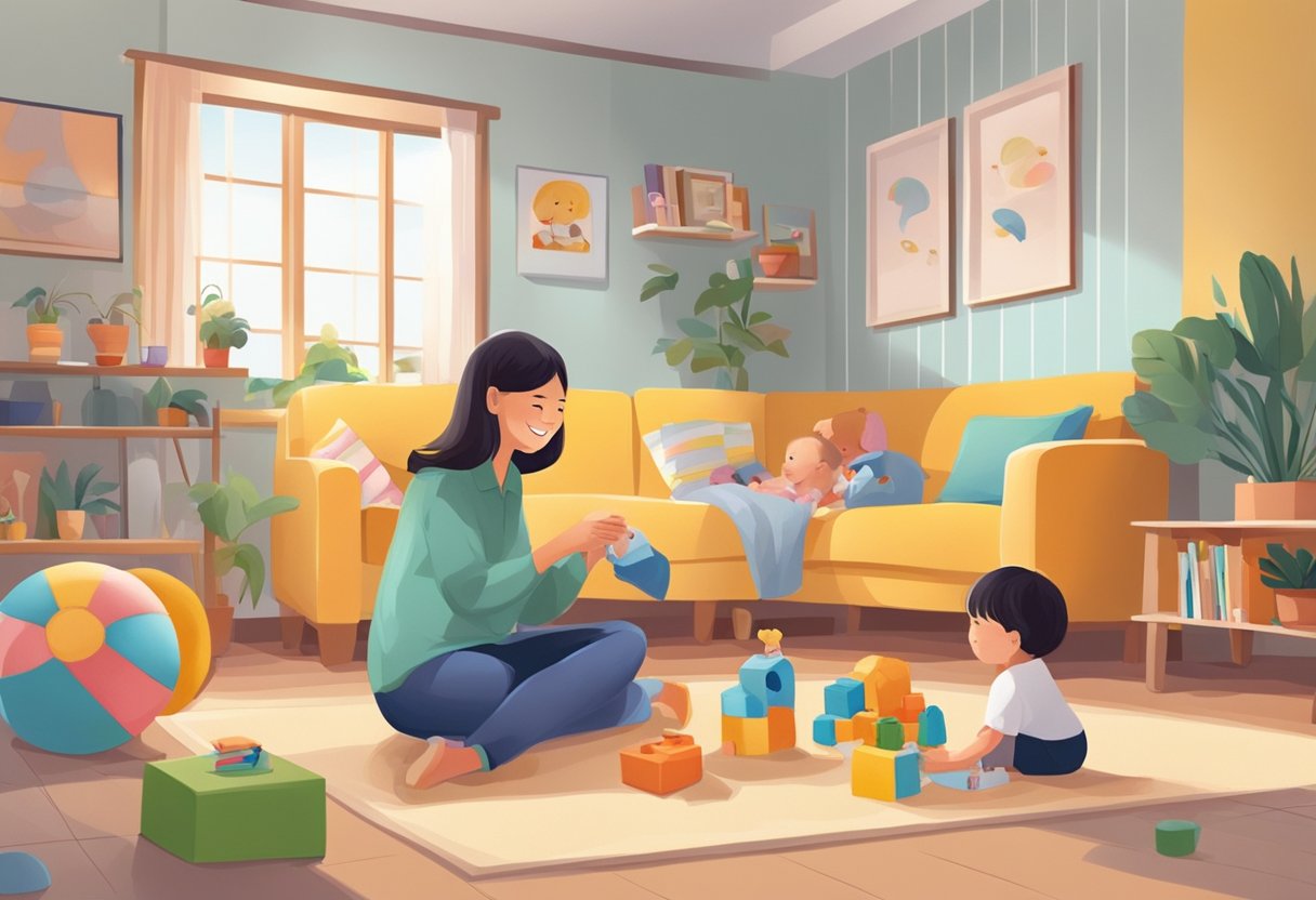A smiling child playing with toys while a babysitter patiently answers questions in a cozy Singapore home