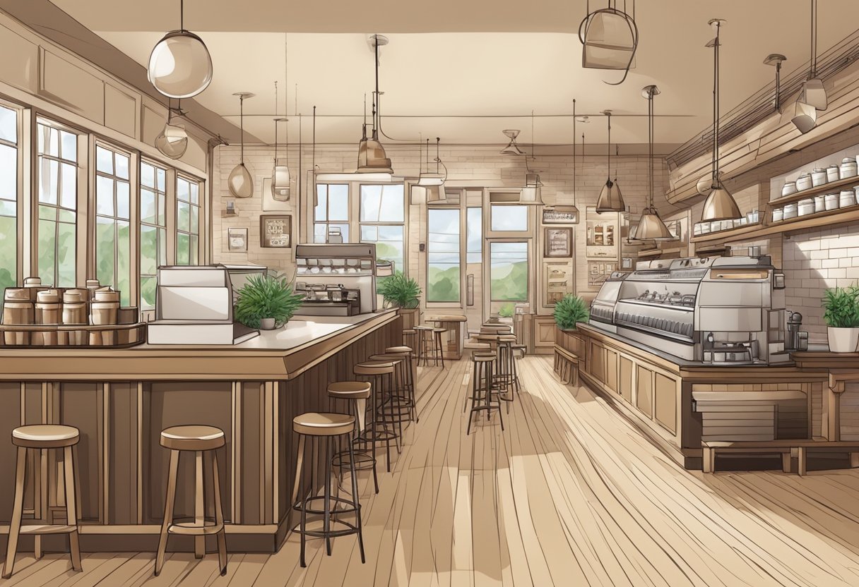 A bustling coffee shop with modern decor, filled with the aroma of freshly brewed coffee and the sound of steaming milk