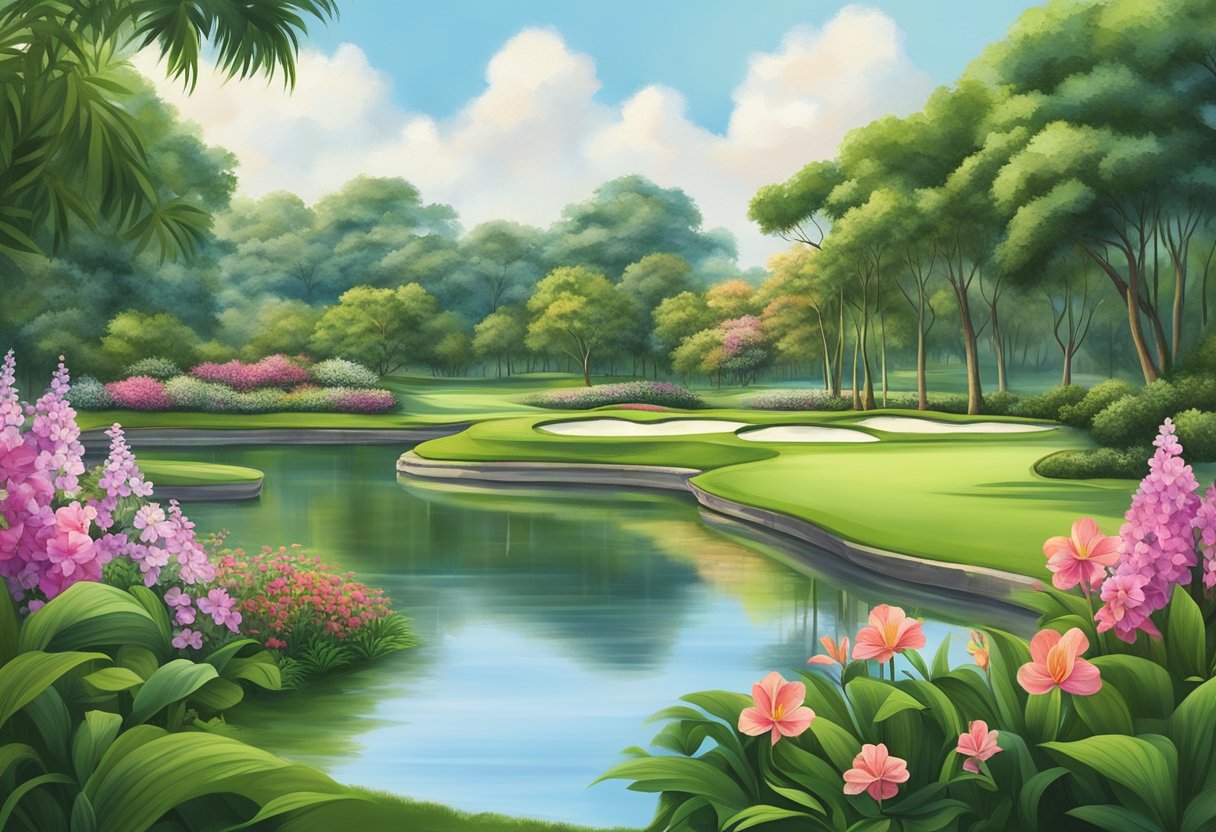 Lush greenery surrounds a pristine golf course at Orchid Country Club, Singapore. A tranquil lake reflects the vibrant flowers and elegant architecture