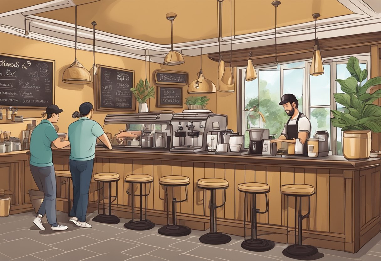 Customers entering Baristart Coffee, greeted by the aroma of freshly brewed coffee. The barista expertly prepares drinks, surrounded by a cozy and inviting atmosphere
