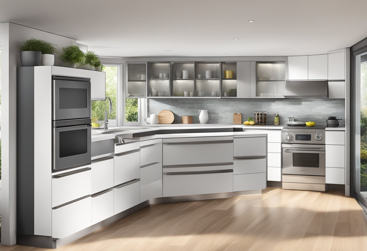 A modern kitchen with sleek, white cabinets and stainless steel appliances, neatly organized with labeled compartments for easy access
