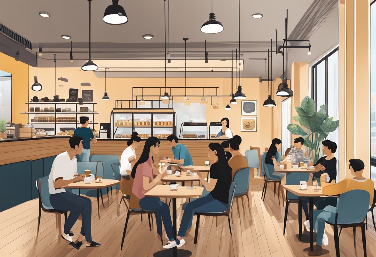 Customers enjoying coffee at Baristart Coffee in Singapore. Tables filled with drinks and pastries, cozy ambiance with warm lighting