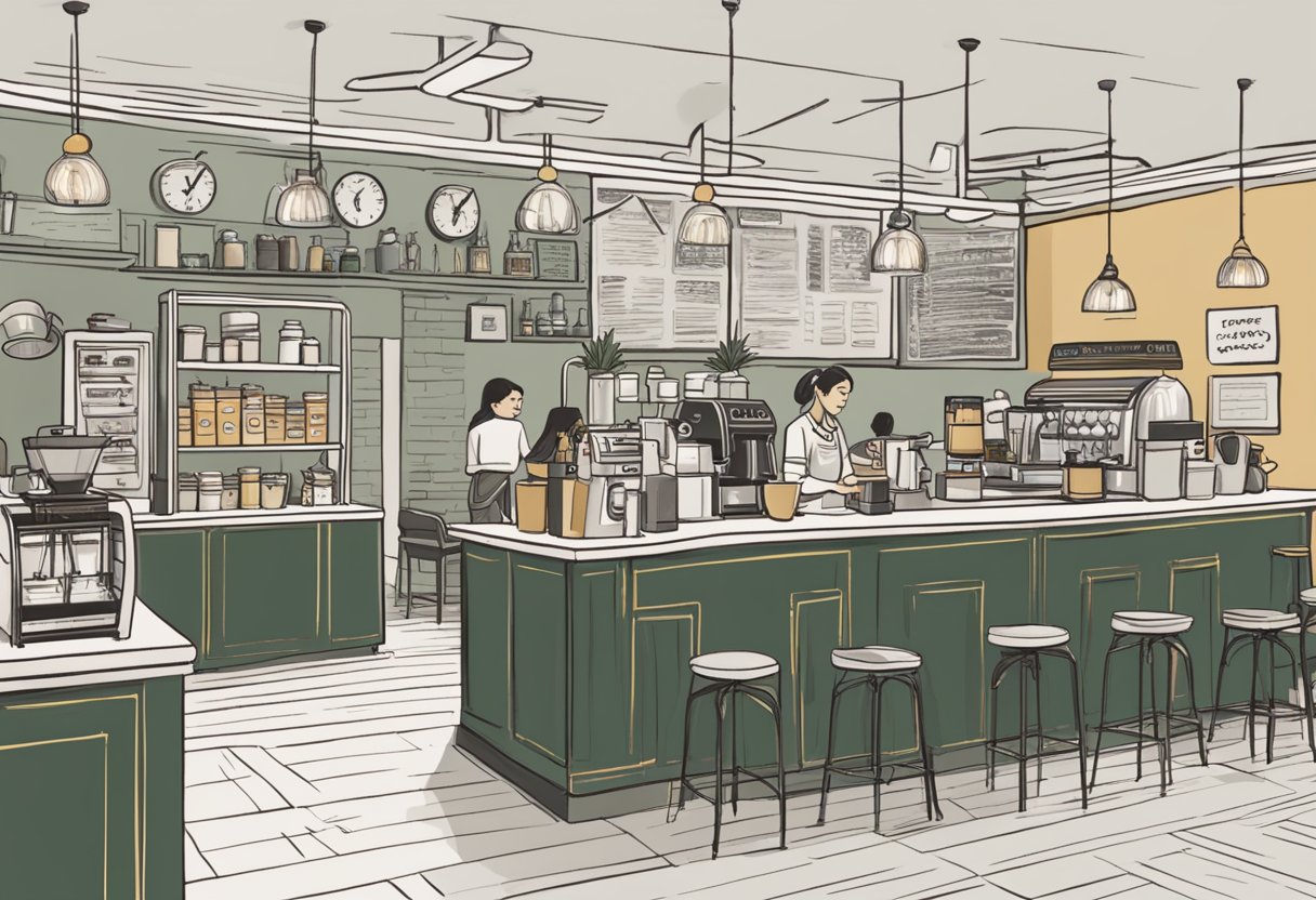 A bustling coffee shop with a prominent "Frequently Asked Questions" sign above the barista station at Baristart Coffee in Singapore