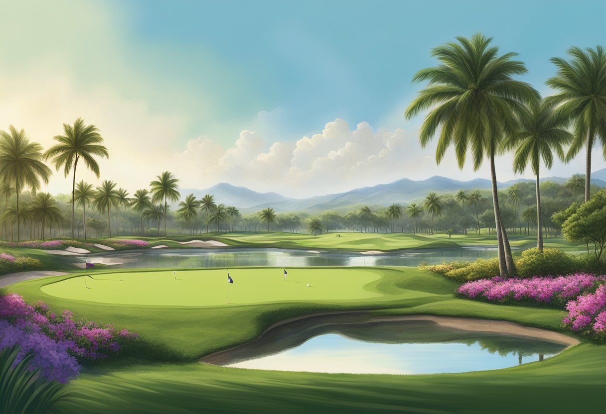 Golfers teeing off at Orchid Country Club, surrounded by lush green fairways and palm trees under a clear blue sky