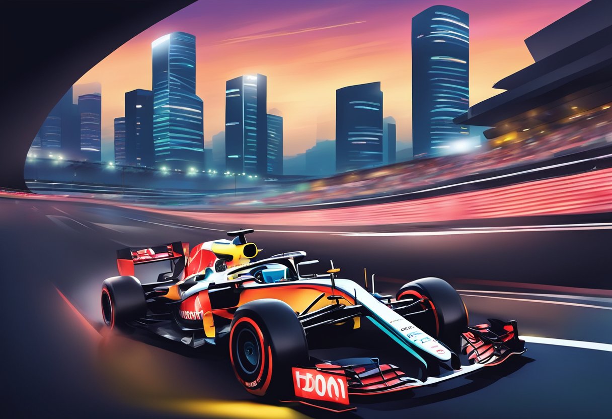 Cars racing under the bright lights of the F1 Singapore Grand Prix circuit