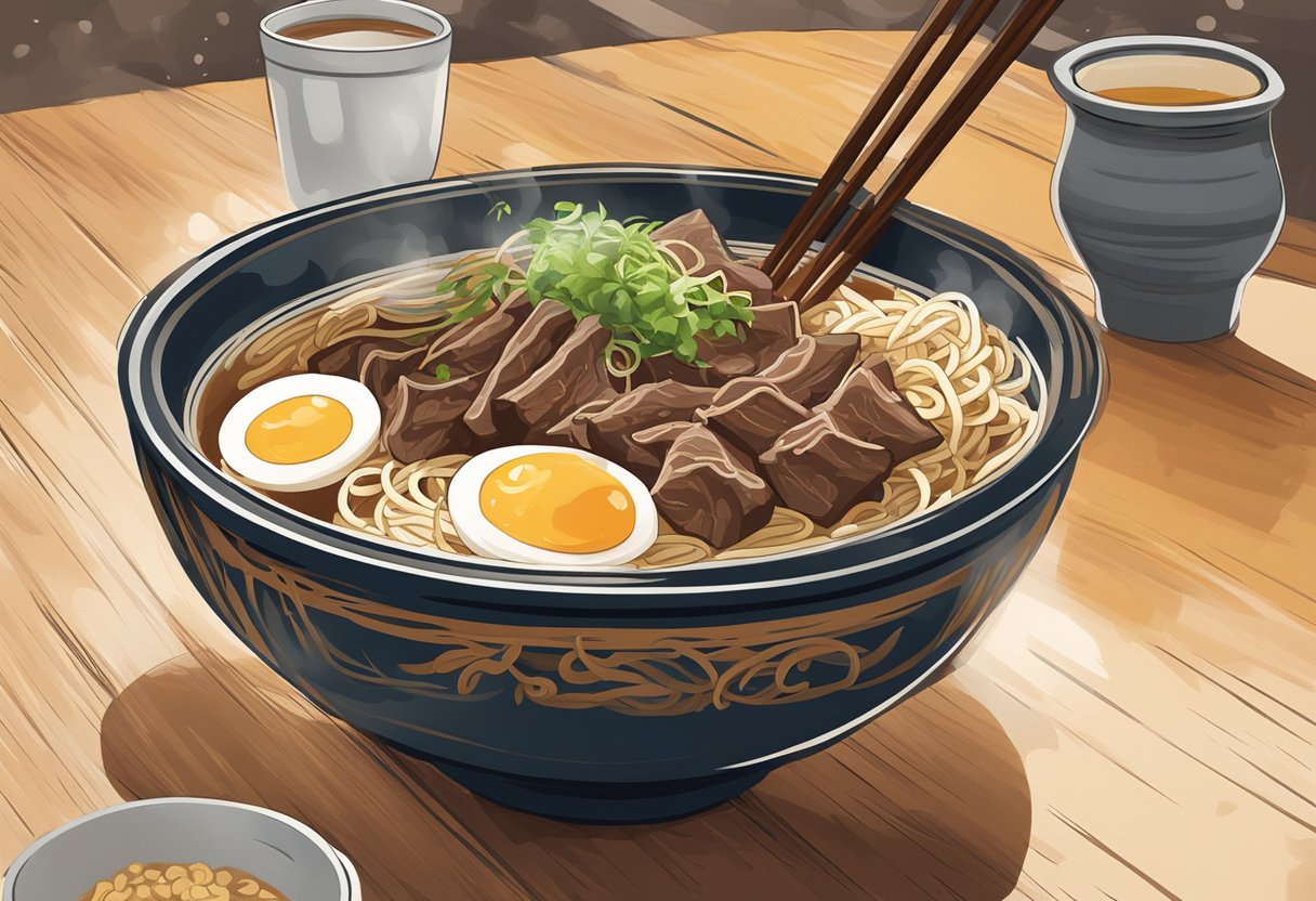 A steaming bowl of beef noodles sits on a rustic wooden table in a bustling Singapore hawker center. The fragrant aroma of rich broth and tender beef fills the air