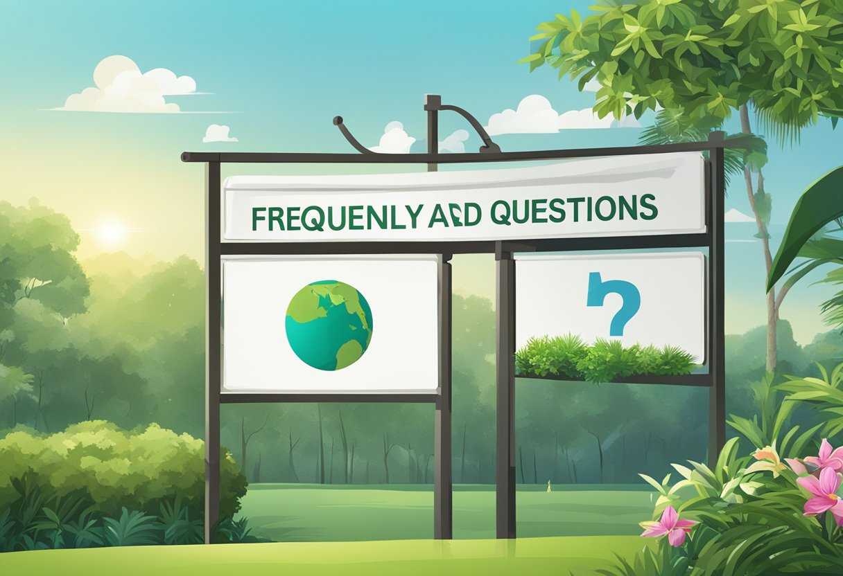 A sign with "Frequently Asked Questions" at Orchid Country Club, Singapore. Surrounding greenery and a clear blue sky in the background