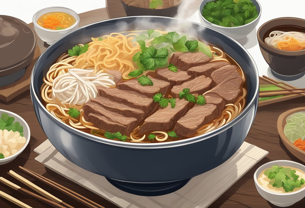 A steaming bowl of beef noodles sits on a wooden table, surrounded by condiments and chopsticks. The rich aroma of the broth fills the air, as steam rises from the bowl