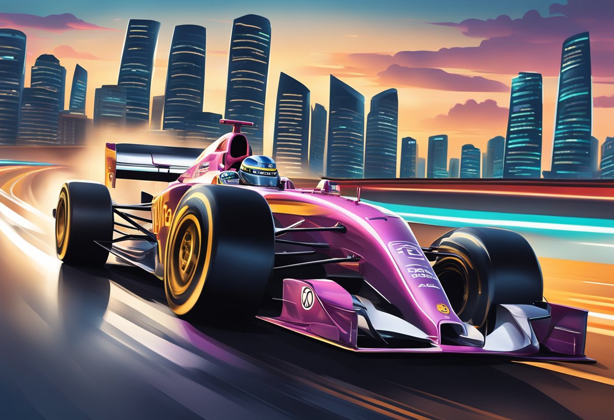 The roaring engines fill the air as sleek race cars speed around the illuminated track, with the iconic Singapore skyline shimmering in the background