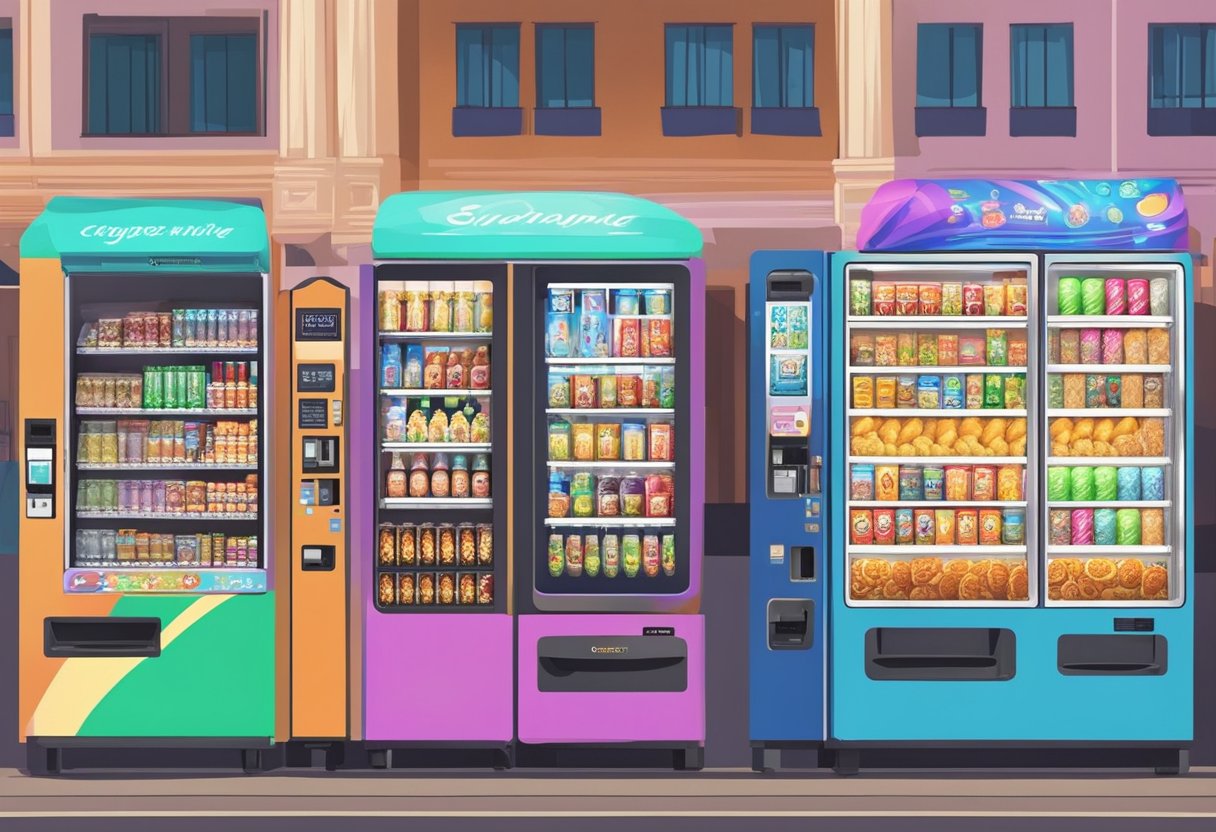 A vending machine in Singapore dispenses snacks and drinks in a bustling shopping district. The machine is brightly lit and adorned with colorful graphics