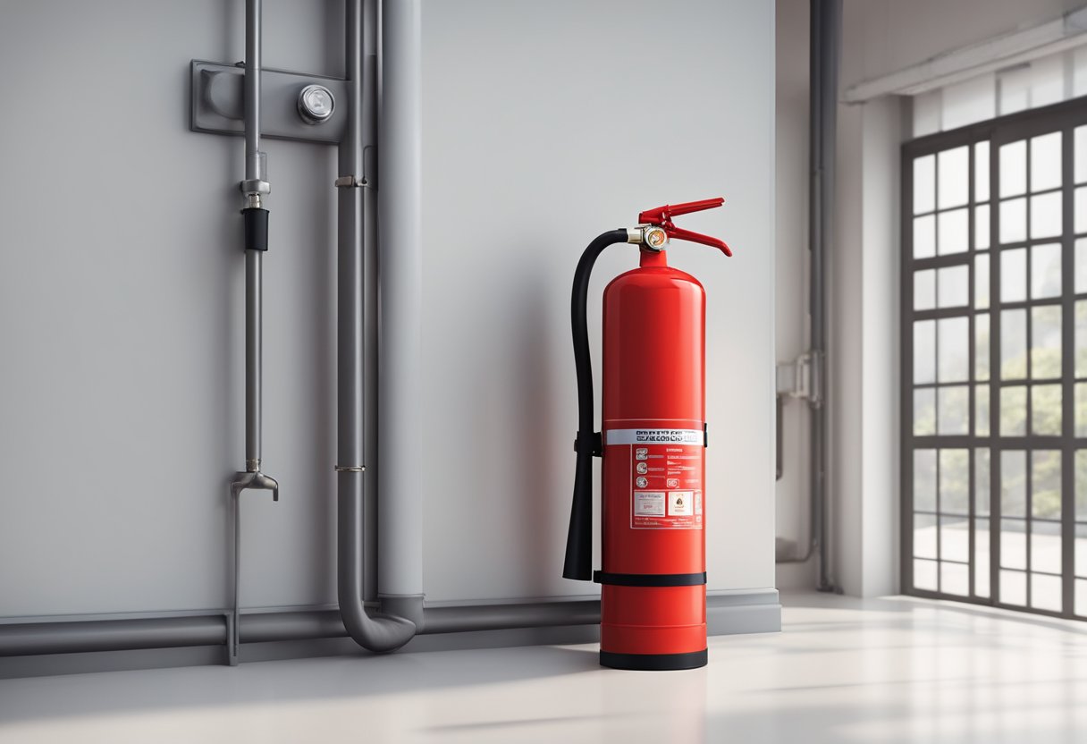 A bright red fire extinguisher mounted on a white wall in a clean, well-lit industrial setting in Singapore