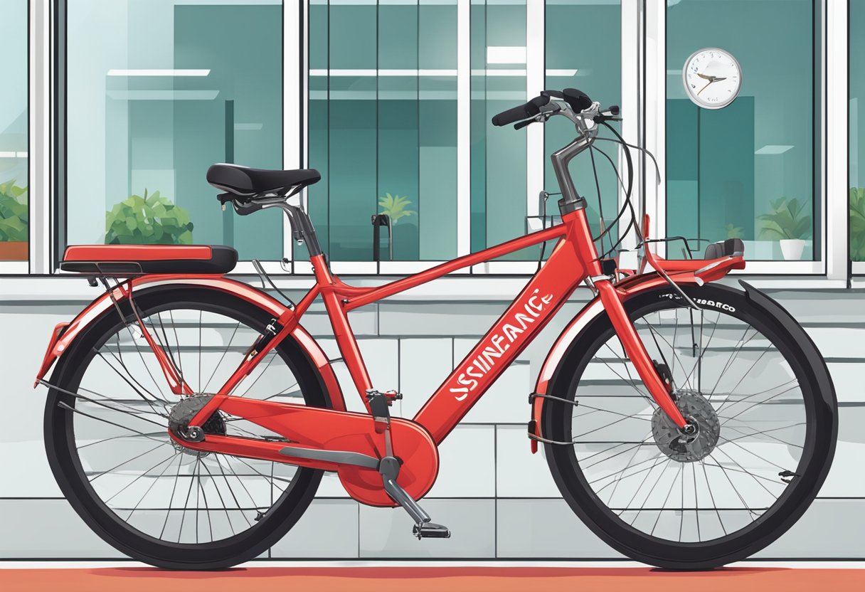 A bright red bicycle parked in front of a modern insurance office in Singapore. The bike is secured with a sturdy lock, and the office sign is prominently displayed