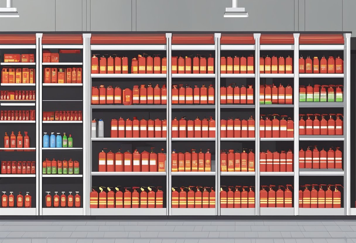 Various fire extinguisher types displayed on shelves in a Singapore store