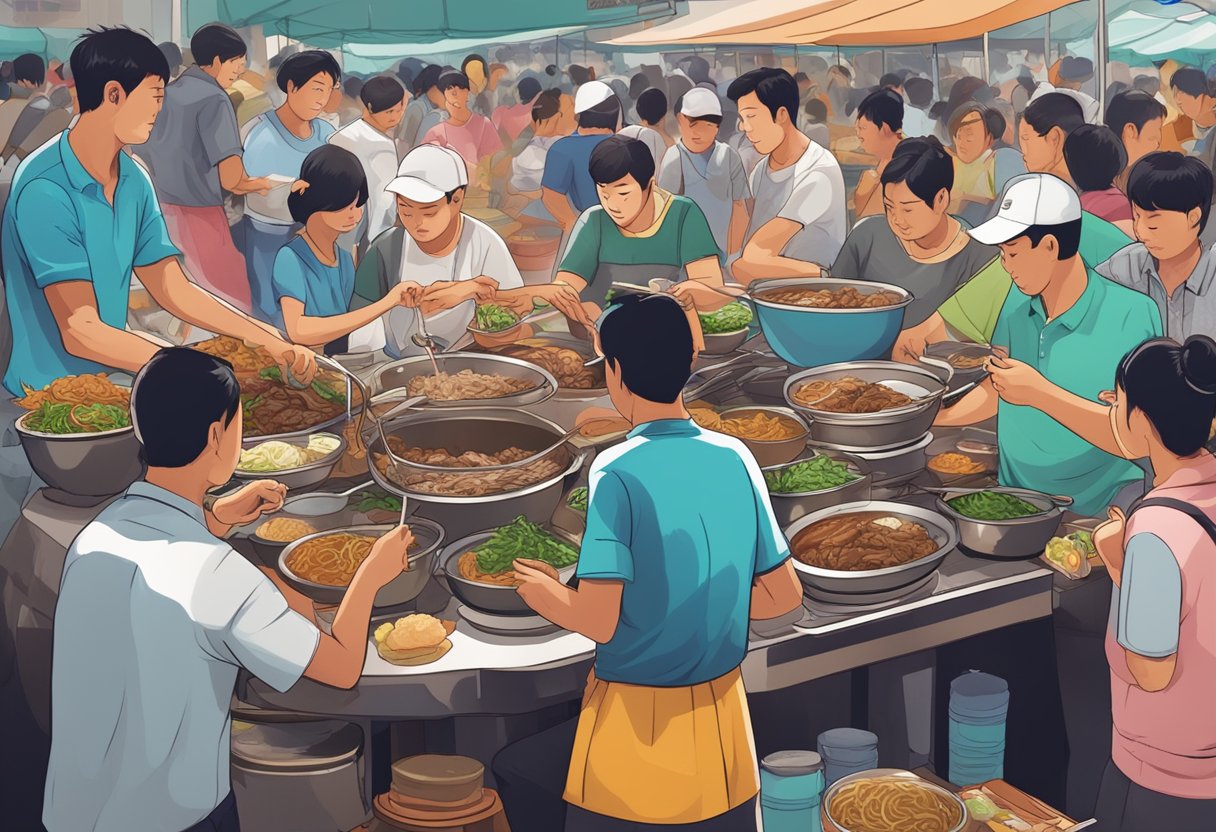 A steaming bowl of beef noodles sits on a crowded hawker stall table, surrounded by bustling food vendors and hungry customers in Singapore