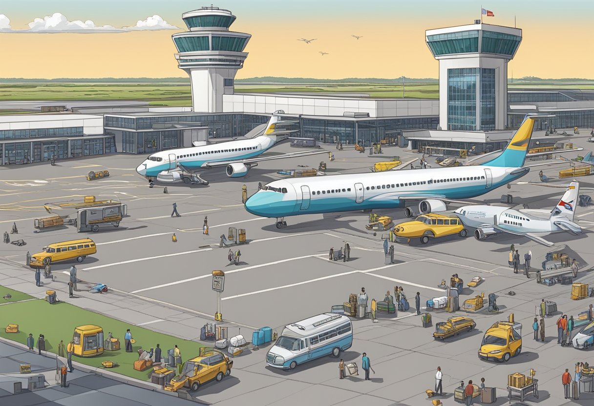 A bustling airport with planes on the tarmac, people boarding, and a control tower overlooking the scene