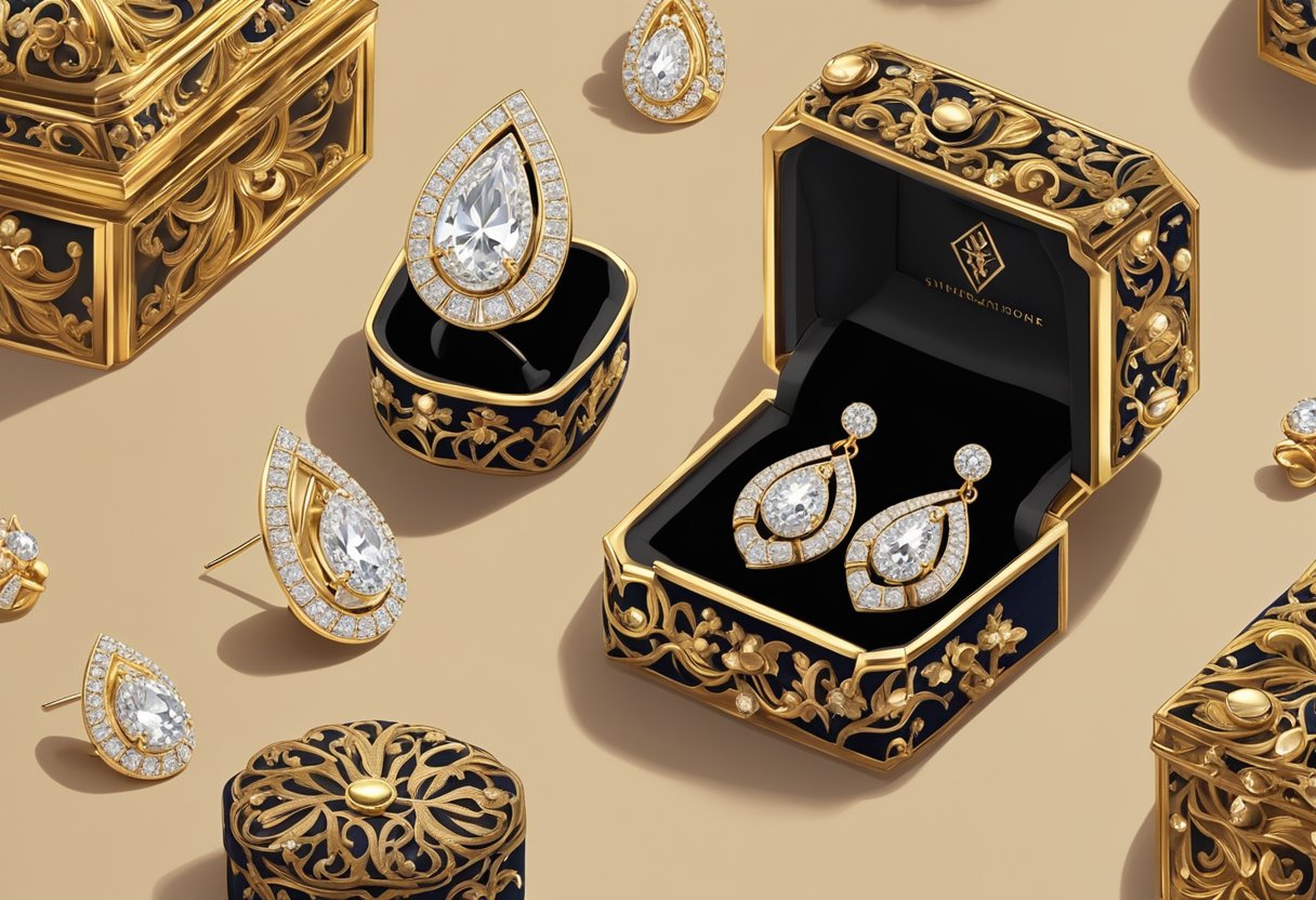 A pair of intricate, gold and diamond-studded earrings from Singapore, resting on a velvet jewelry box under soft, warm lighting