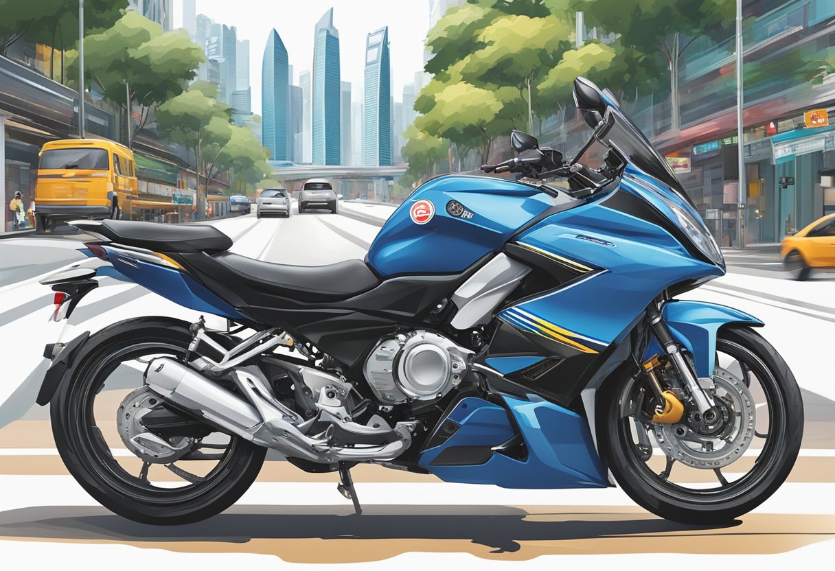 A sleek motorcycle parked in a bustling Singapore city street, with a prominent insurance sticker displayed on the front. The city skyline looms in the background