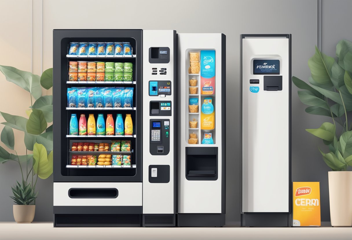 A vending machine stands in a clean, well-lit space, fully stocked with a variety of snacks and beverages. The machine is sleek and modern, with a digital display and bright, attractive branding