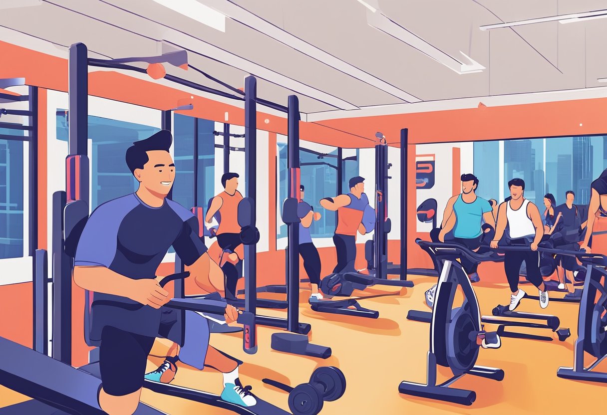 A group of people are enthusiastically participating in a high-intensity workout at an F45 Training studio in Singapore. The atmosphere is energetic and motivating, with modern equipment and vibrant decor
