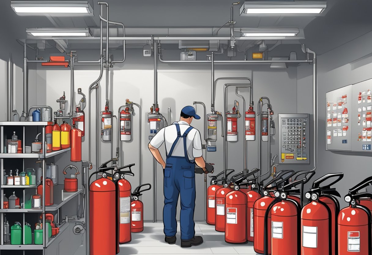 A technician inspects and refills fire extinguishers in a well-lit, organized maintenance room with labeled equipment and safety signs