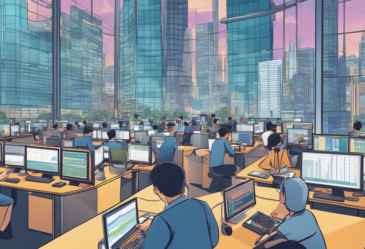 A bustling financial district in Singapore, with traders analyzing data, graphs, and charts on their computer screens. The room is filled with the hum of activity as traders make split-second decisions