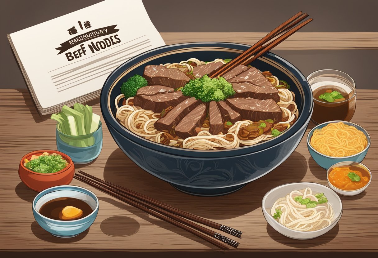 A steaming bowl of beef noodles sits on a rustic wooden table, surrounded by condiments and chopsticks. A sign above reads "Frequently Asked Questions beef noodles singapore."