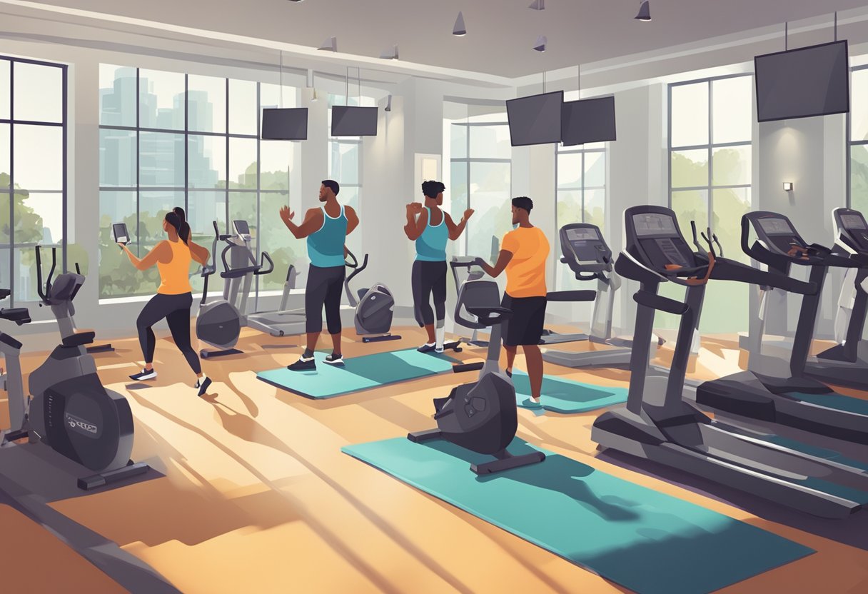 A group of diverse individuals gather in a modern fitness studio, surrounded by state-of-the-art equipment and motivational quotes on the walls. The atmosphere is energetic and welcoming, with a sense of community and camaraderie among the participants