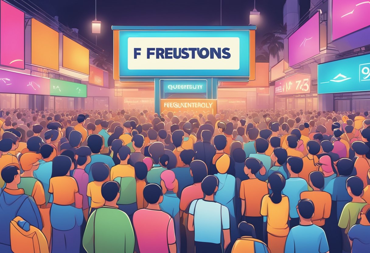A colorful sign with "Frequently Asked Questions f45 singapore" displayed prominently, surrounded by a crowd of people with curious expressions