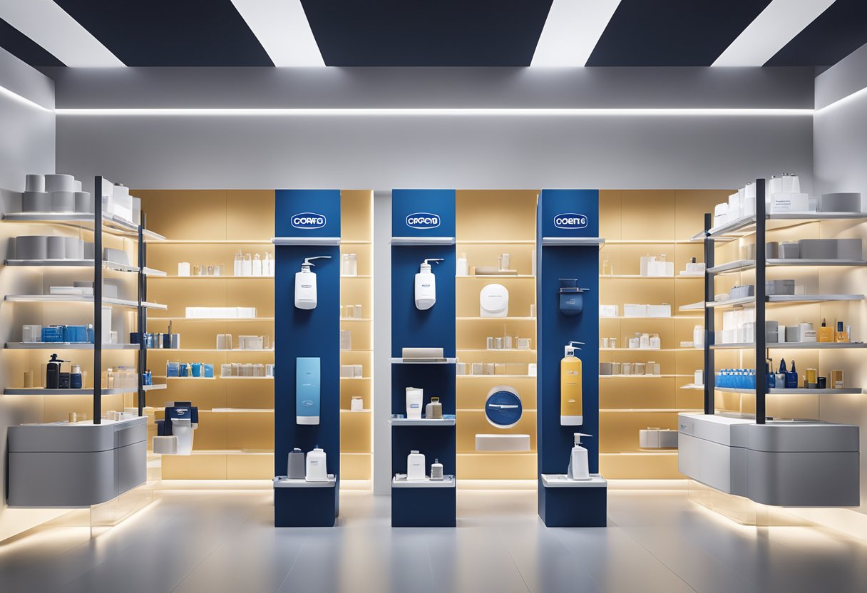 A variety of Grohe products arranged neatly on display shelves in a modern showroom