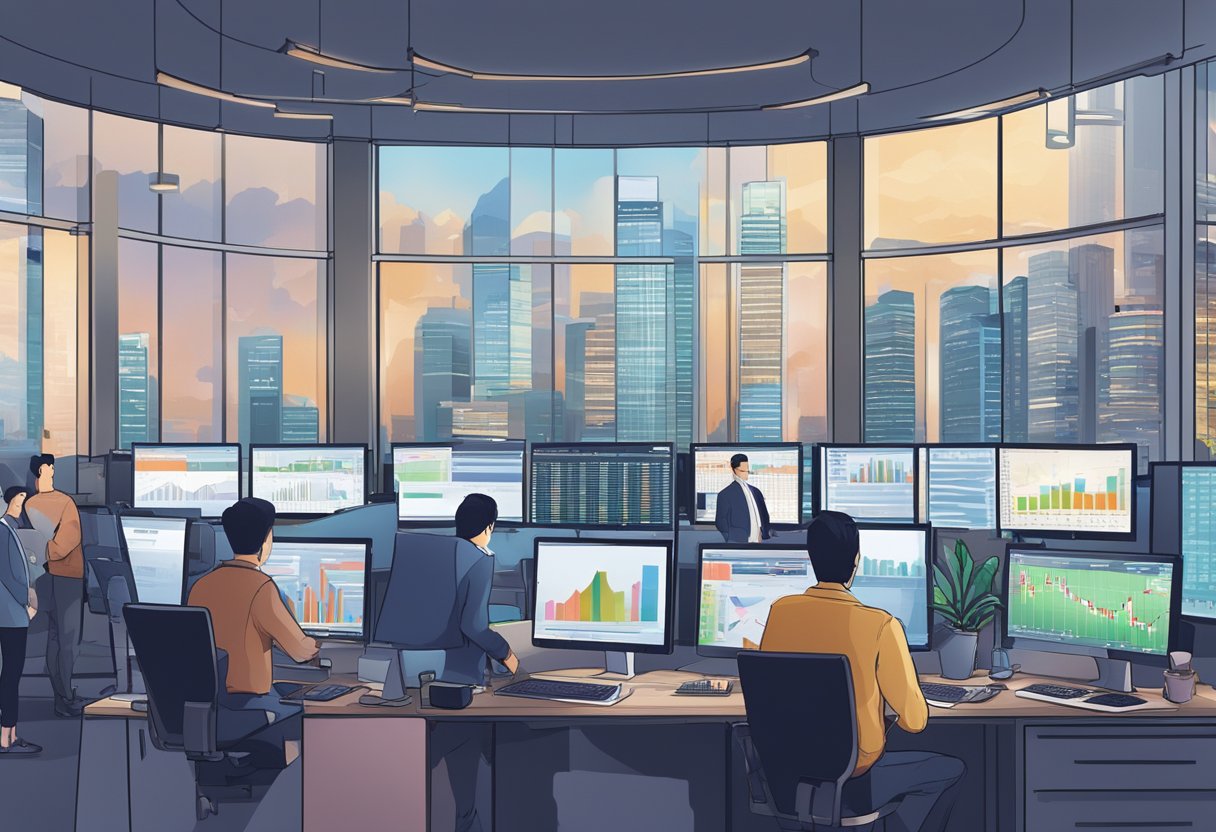 A bustling financial district in Singapore, with traders analyzing charts and graphs on their computer screens, as currency exchange rates fluctuate on digital displays