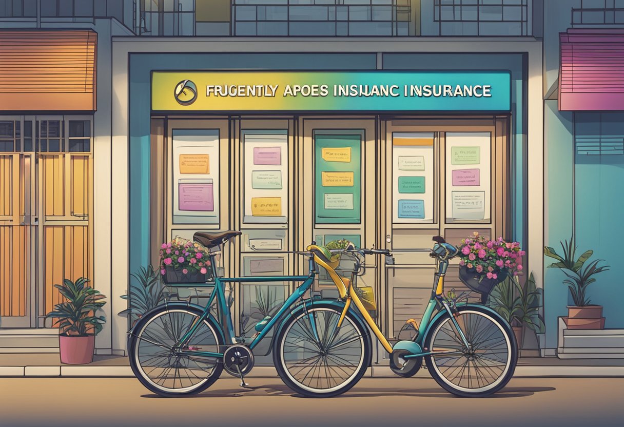 A colorful bike parked in front of a Singaporean insurance office, with a sign reading "Frequently Asked Questions bike insurance singapore" displayed prominently