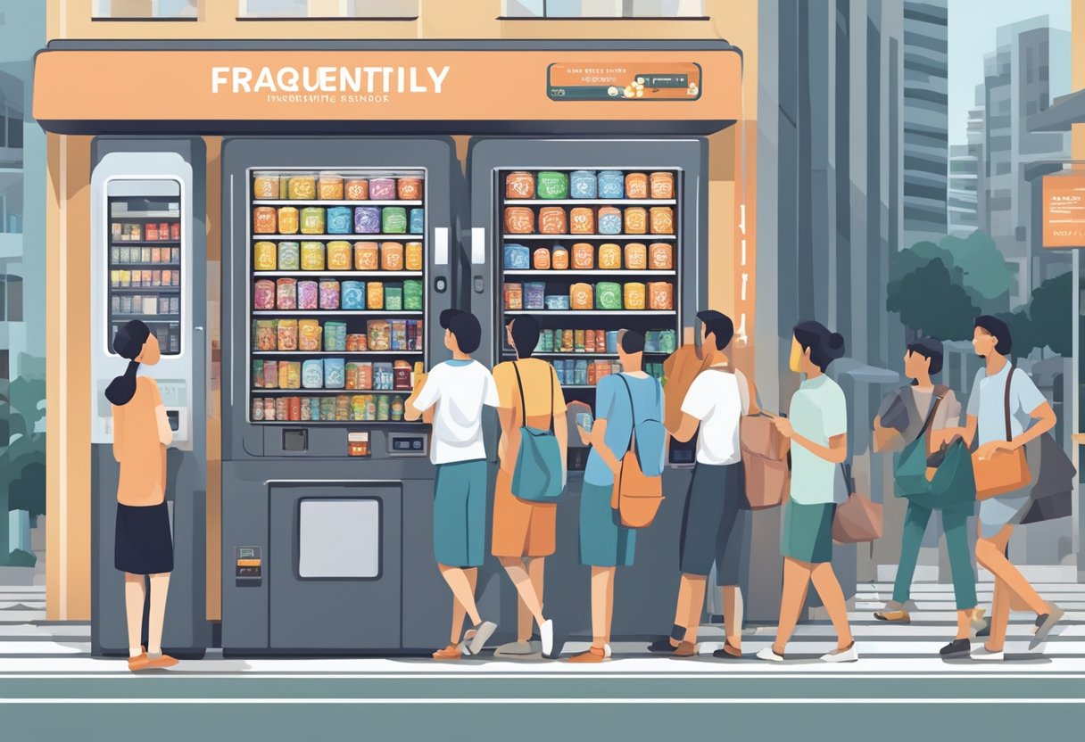 A vending machine labeled "Frequently Asked Questions" in a crowded Singaporean street, with people passing by and glancing at the machine