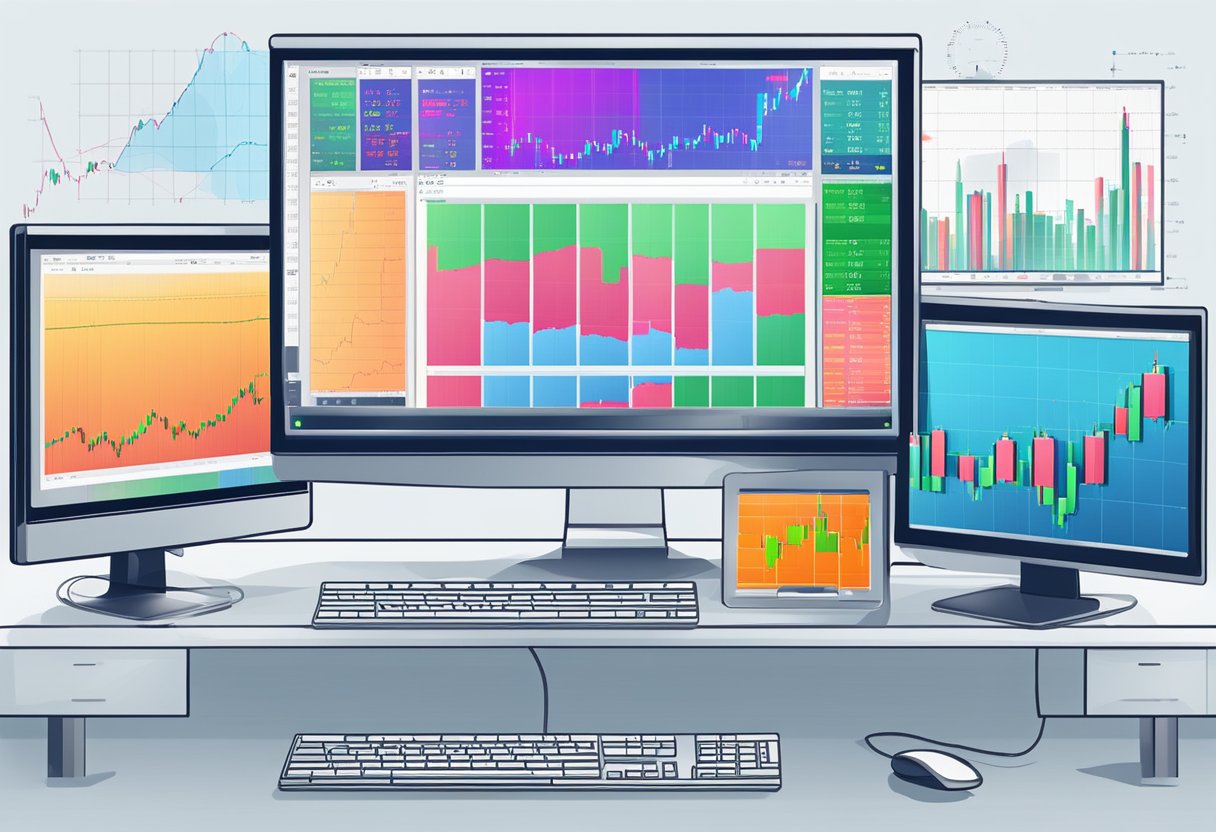 A computer screen displaying advanced forex trading tools and charts. Multiple monitors show real-time data. An array of technical analysis indicators and trading strategies are visible