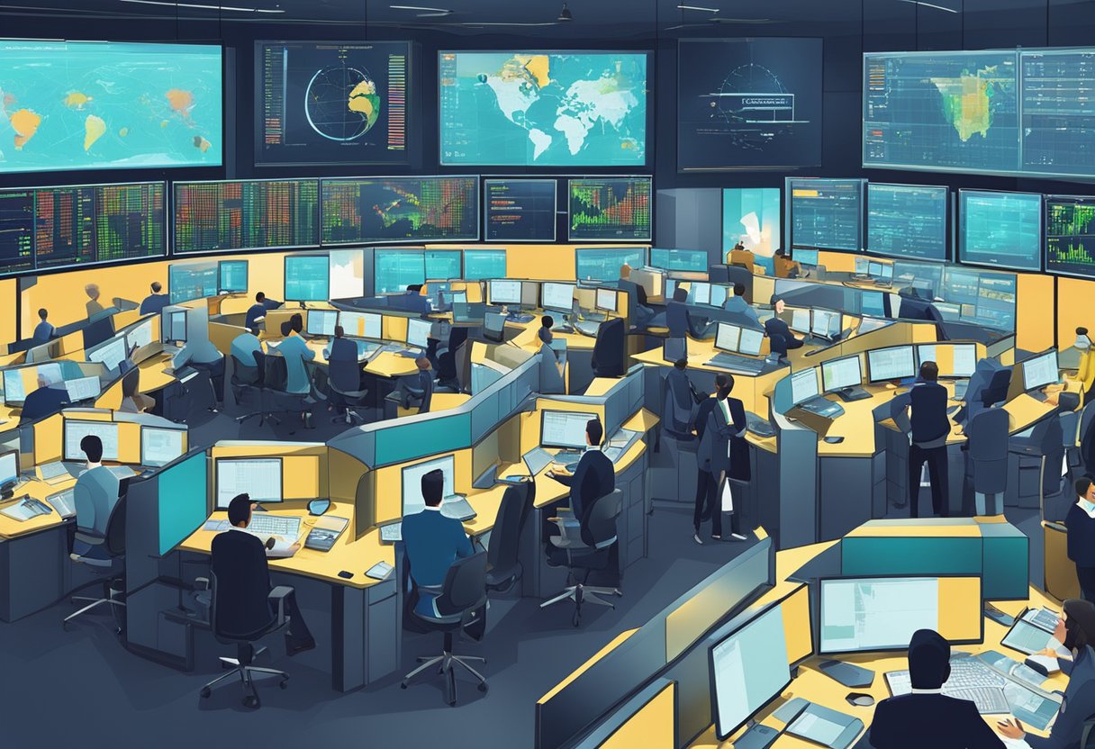 A bustling trading floor with digital screens displaying currency exchange rates and traders engaged in discussions and analysis