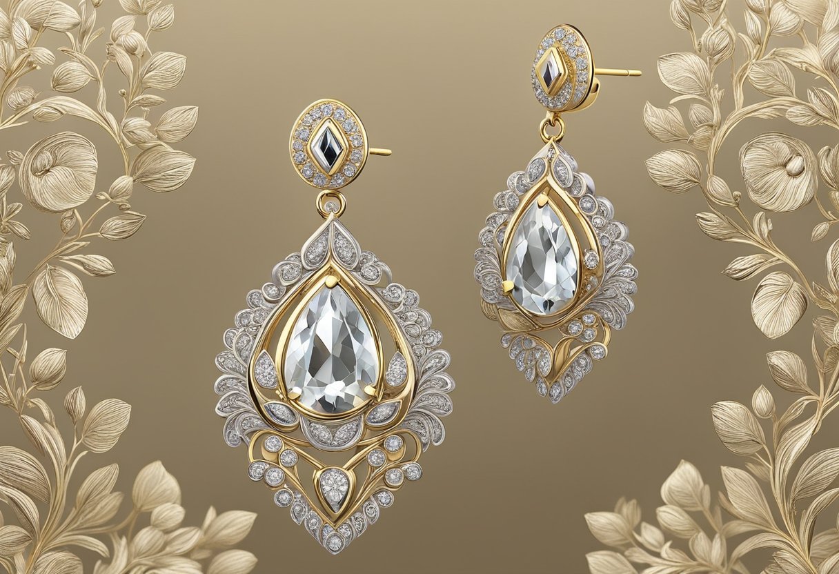 A pair of gold earrings gleam under soft lighting, exuding an air of purity and sophistication. They are delicately crafted with intricate details, showcasing their elegance
