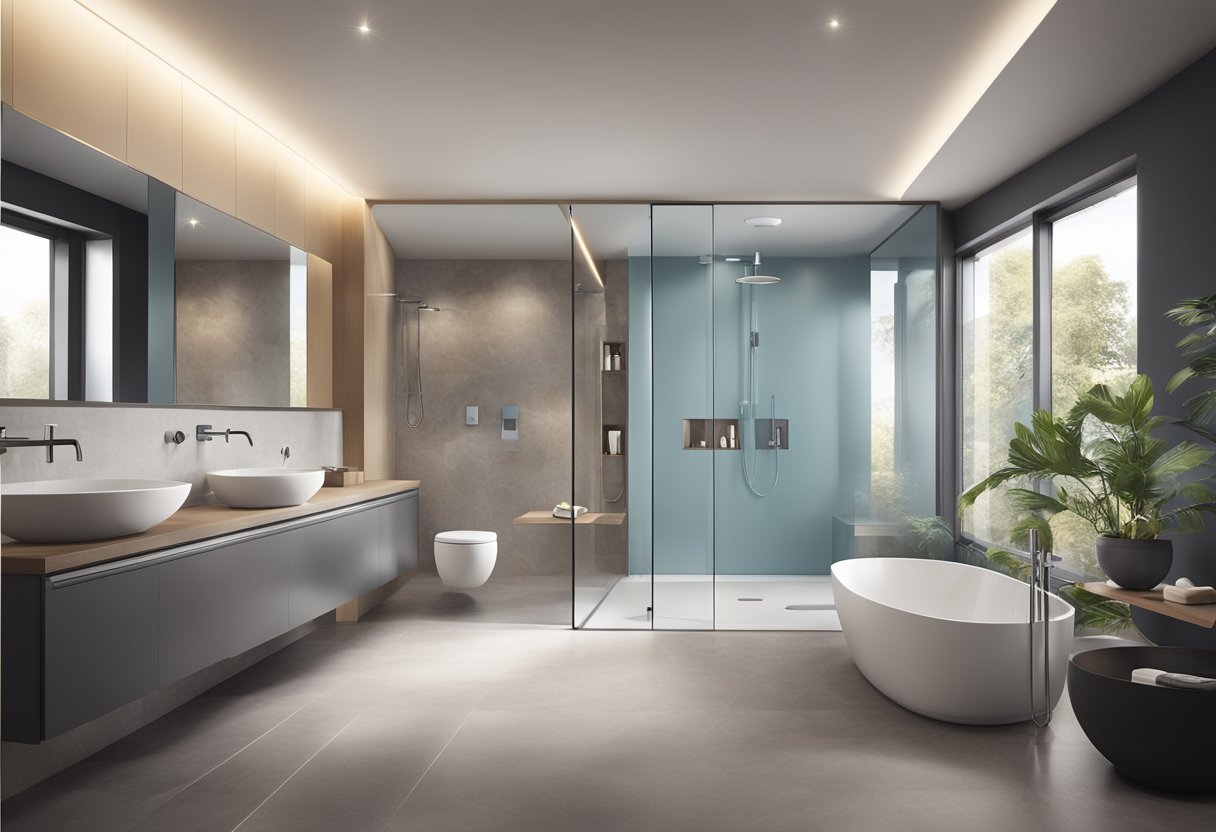 A modern, sleek bathroom with innovative Grohe fixtures and smart technology seamlessly integrated for a luxurious and functional design