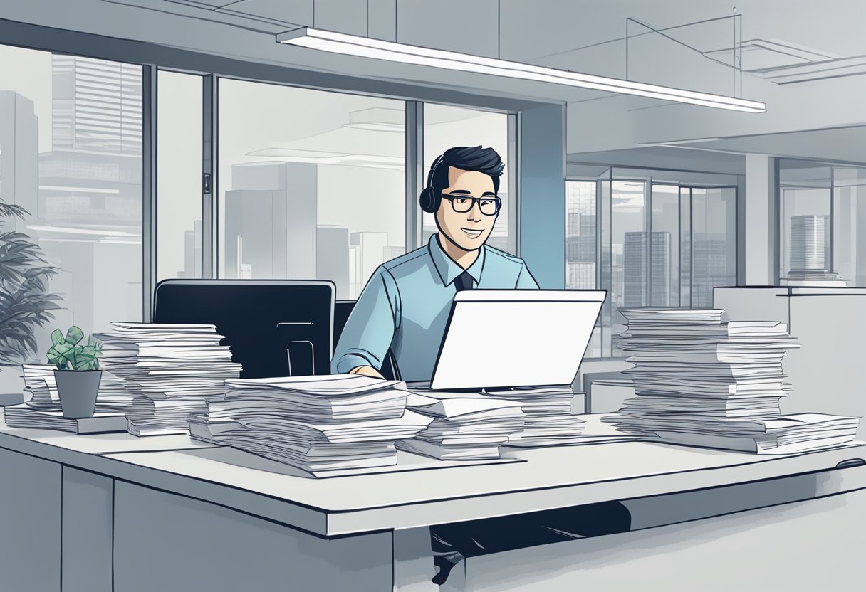 A customer service representative at a desk, surrounded by a stack of papers and a computer, with a sign reading "Frequently Asked Questions - Grohe Singapore" displayed prominently