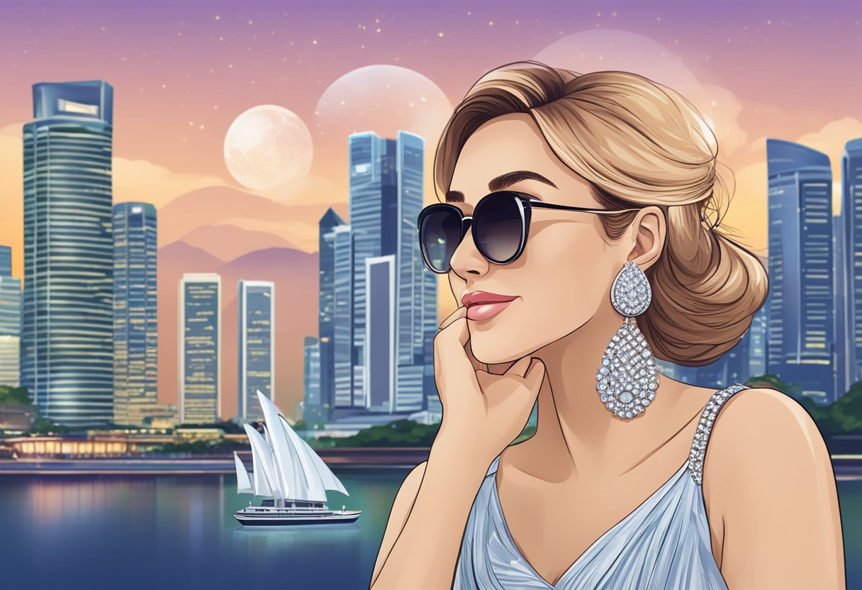 A pair of sparkling earrings with the words "Frequently Asked Questions" written in elegant script, set against the backdrop of the iconic skyline of Singapore