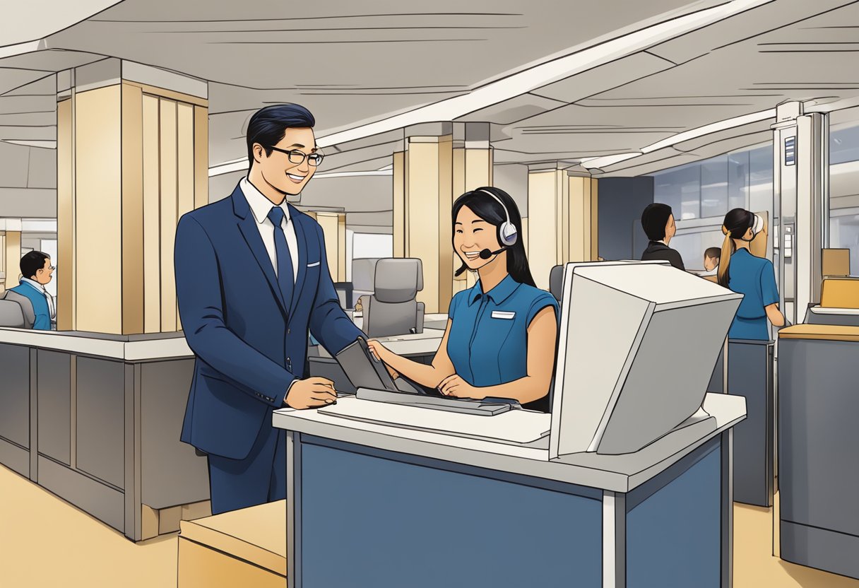 A customer service agent assists a passenger with a smile at a Singapore Airlines desk