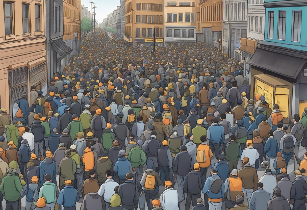 A crowded urban area with a suspicious package, police barricades, and people being evacuated