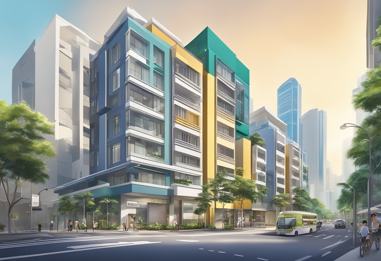 A street view of 48 Toh Guan Rd E, Singapore 608586, with surrounding buildings and road signs