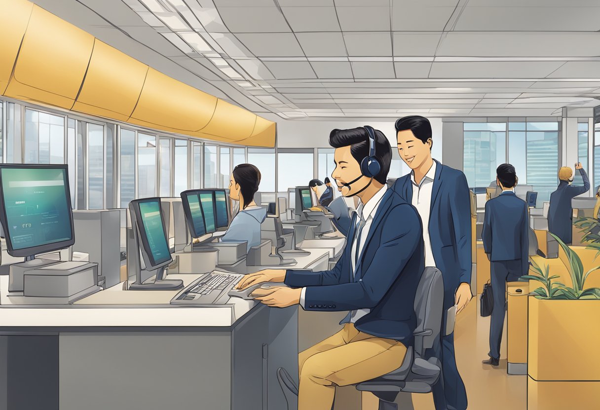 A customer holding a phone, speaking to a Singapore Airlines representative at a help desk