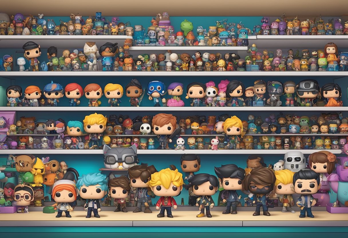 A colorful display of Funko Pop figurines in a Singaporean toy store, with shelves filled with various characters and a vibrant backdrop