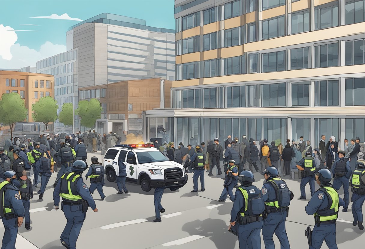 A crowded office building with people evacuating, police cars and officers outside, and a bomb squad team inspecting the area
