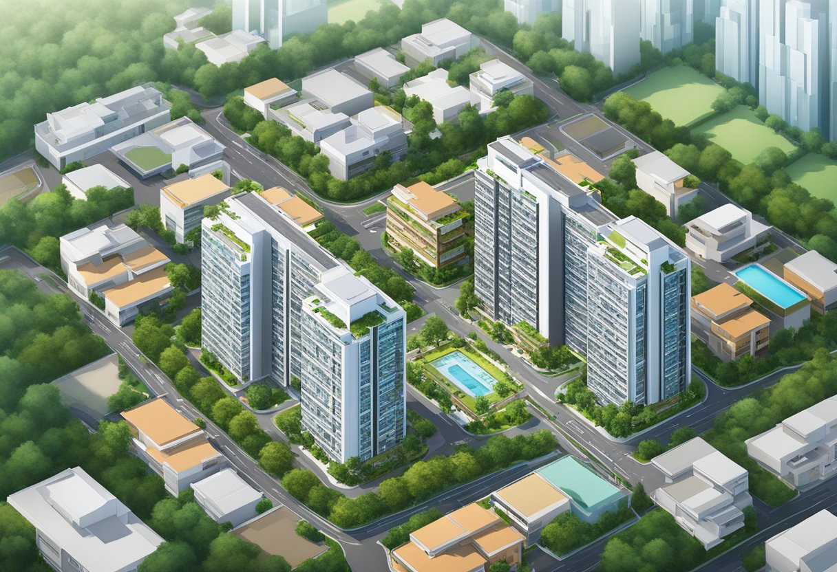 An aerial view of 48 Toh Guan Rd E, Singapore 608586, with surrounding buildings, trees, and roads