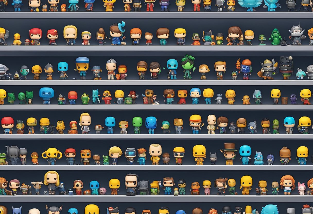 A colorful display of Funko Pop figures arranged neatly on shelves, with various characters from pop culture and movies. Bright lights illuminate the collection, creating an inviting and vibrant atmosphere