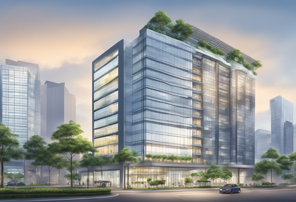 A modern office building in Singapore, with a prominent sign displaying "Real Estate Information" at 48 Toh Guan Rd E, 608586