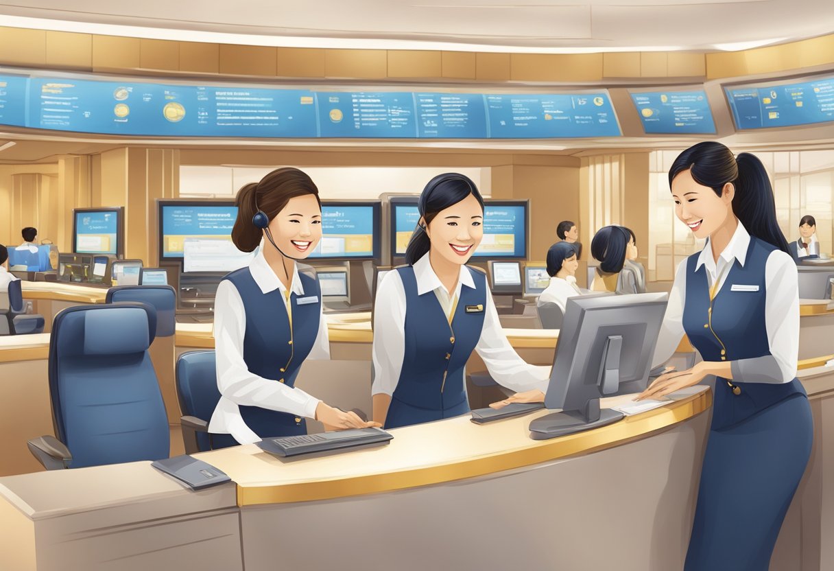 Passengers receiving personalized assistance at Singapore Airlines customer service desk. Smiling staff members addressing inquiries and providing support