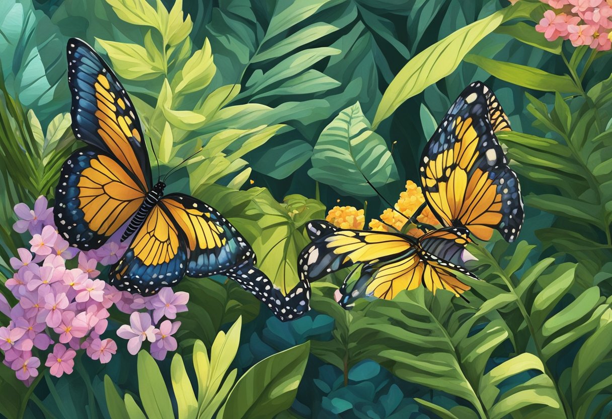 Colorful butterflies flutter among lush greenery in the serene Butterfly Park in Singapore. Sunlight filters through the trees, casting dappled shadows on the vibrant wings of the delicate insects
